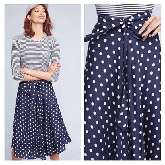 Anthropologie Porridge Retro Tie Waist Tandy Midi navy polka dot skirt Size S - Picture 10 of 10